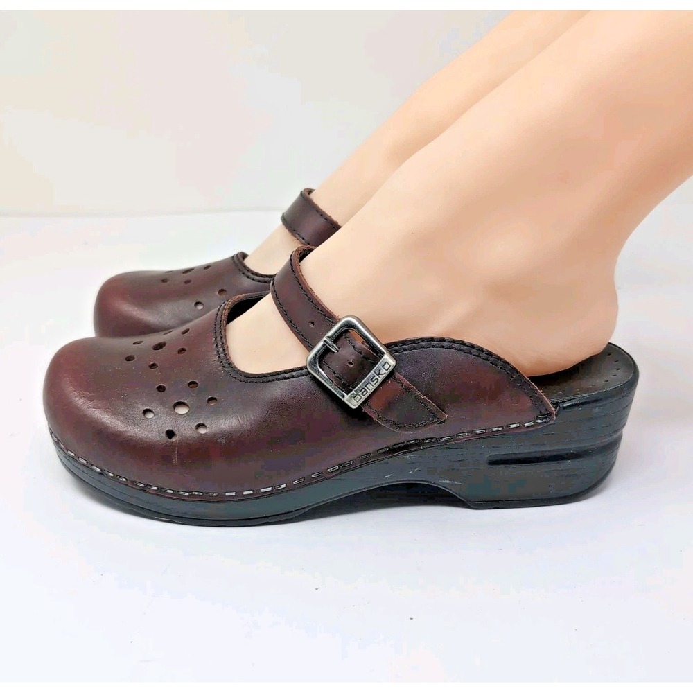 Vtg Dansko Made in Italy Leather Mary Jane Clogs 38 US 7.5 8 Brown Buckle Mules